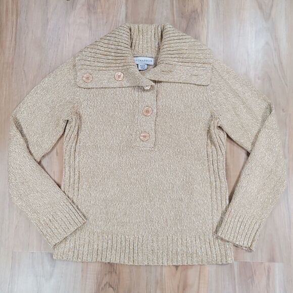 🔹️Sag Harbor Tan Buttoned Cowl Neck Sweater Medium - Picture 1 of 9